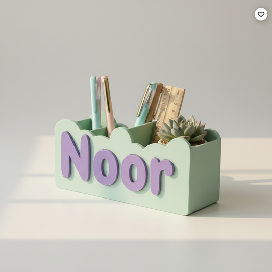 Personalized pastel 3D-printed desk organizer shown in a premium studio setting