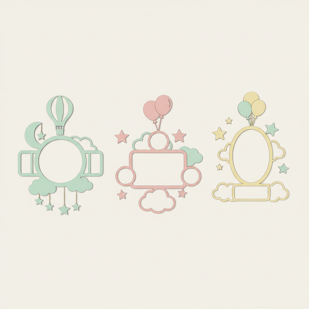 Several pastel welcome-baby keepsake design concepts arranged together