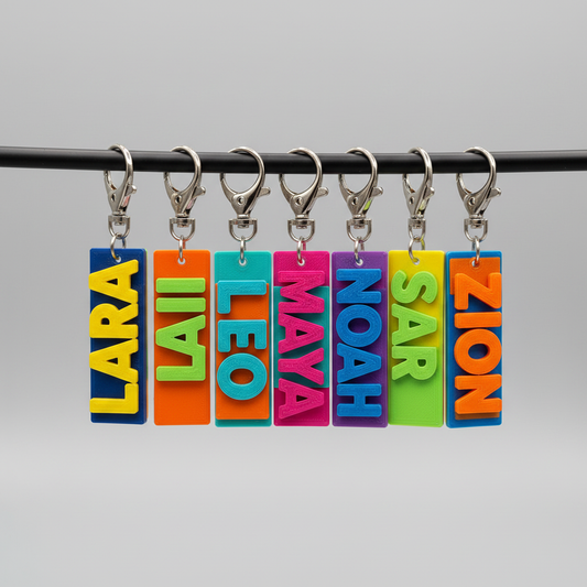 Several colorful layered personalized name keychains hanging in a studio setting