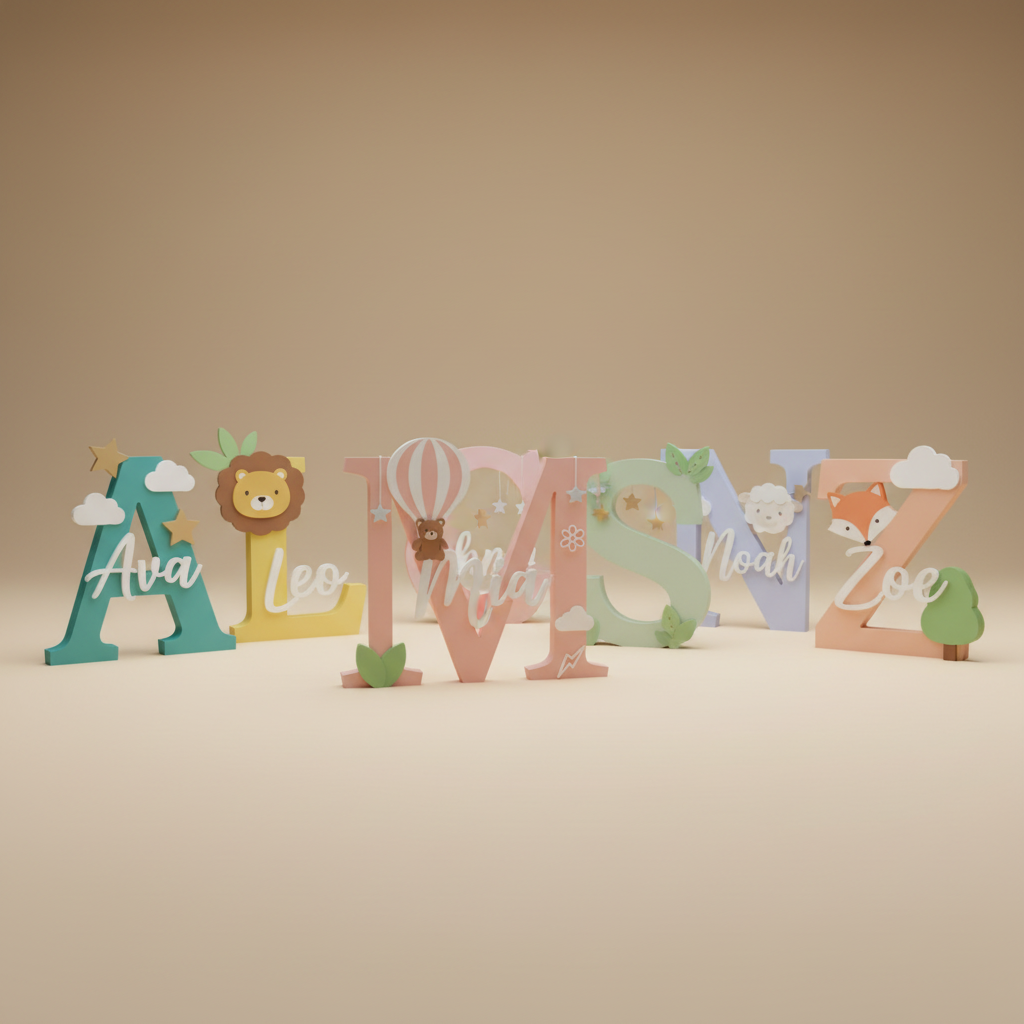 Colorful layered nursery name sign STL designs in a premium studio setting
