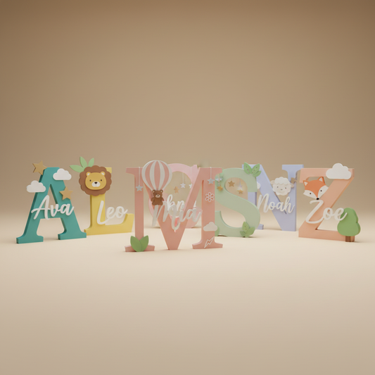 Colorful layered nursery name sign STL designs in a premium studio setting
