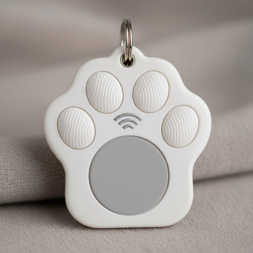 Colorful paw-print NFC pet tag attached to a dog collar outdoors