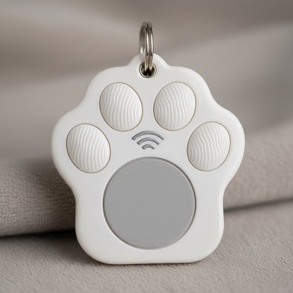 Colorful paw-print NFC pet tag attached to a dog collar outdoors
