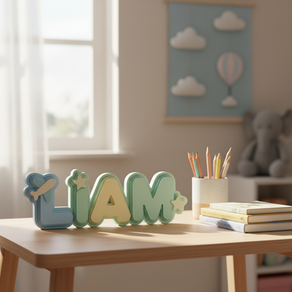 Personalized colorful nursery name sign displayed on a children’s desk