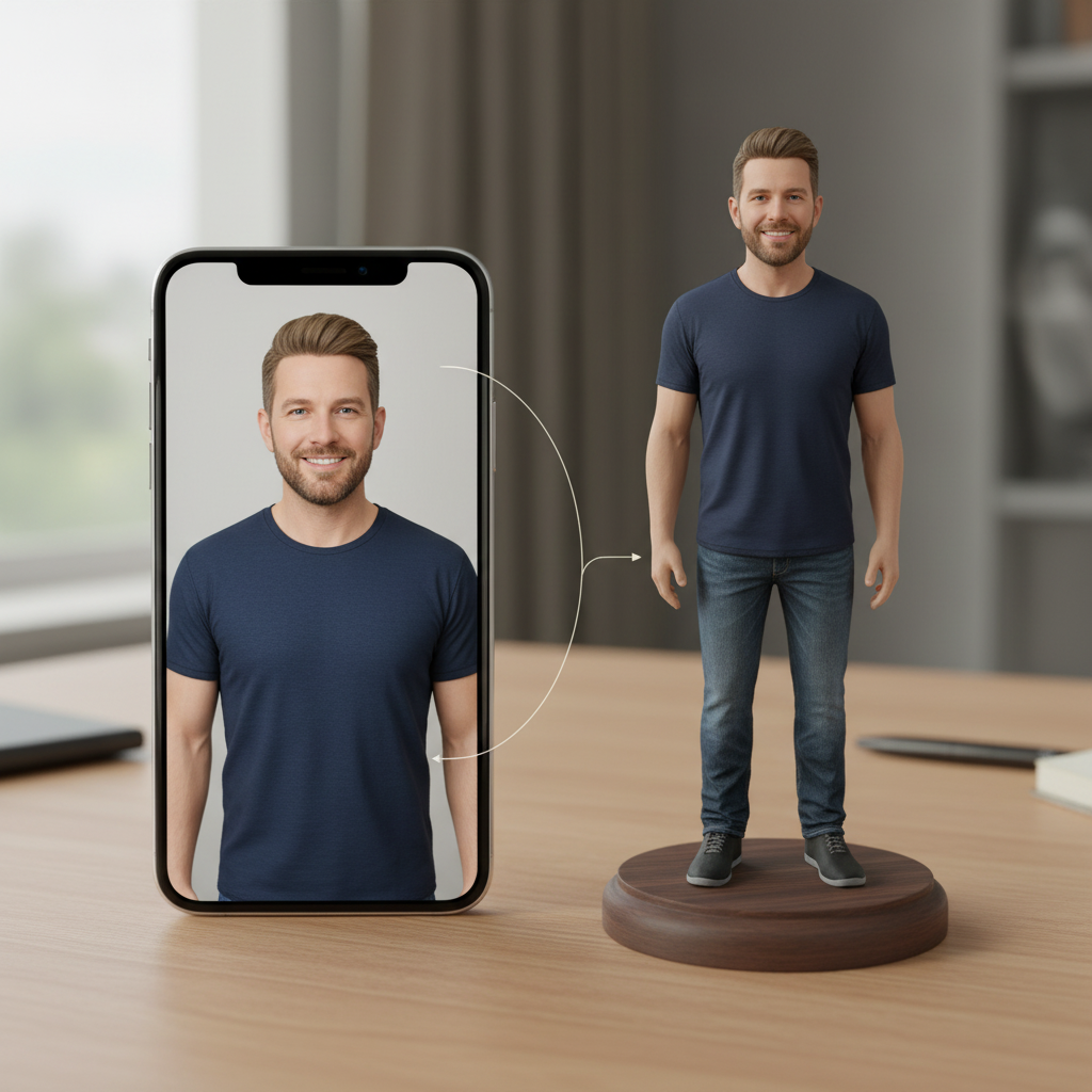Portrait photo shown beside the resulting custom 3D figurine