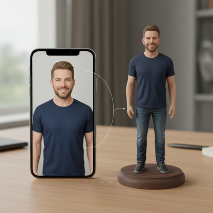 Portrait photo shown beside the resulting custom 3D figurine