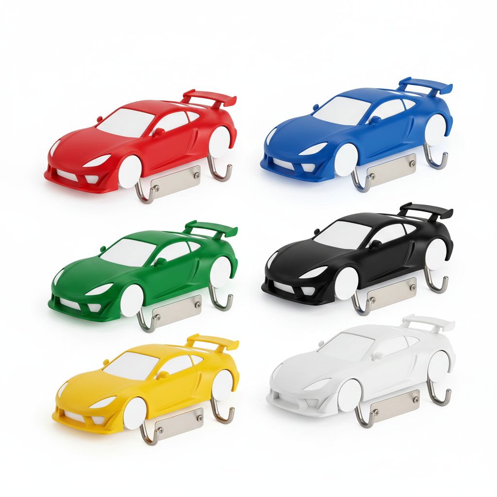 Unbranded sports-car-inspired wall key holder concepts shown in several colors