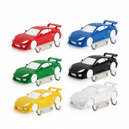 Unbranded sports-car-inspired wall key holder concepts shown in several colors
