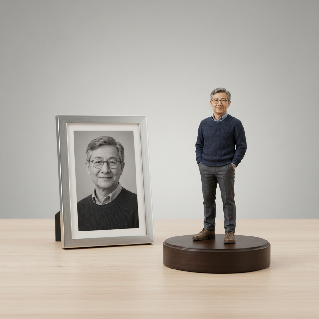 Custom 3D figurine based on a portrait photo displayed beside a framed photo