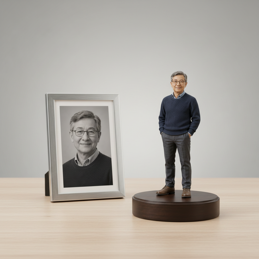 Custom 3D figurine based on a portrait photo displayed beside a framed photo