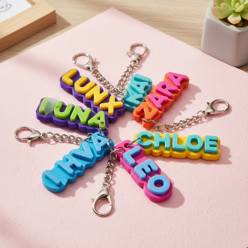 Colorful layered personalized name keychains arranged in a product showcase