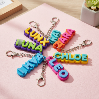 Colorful layered personalized name keychains arranged in a product showcase