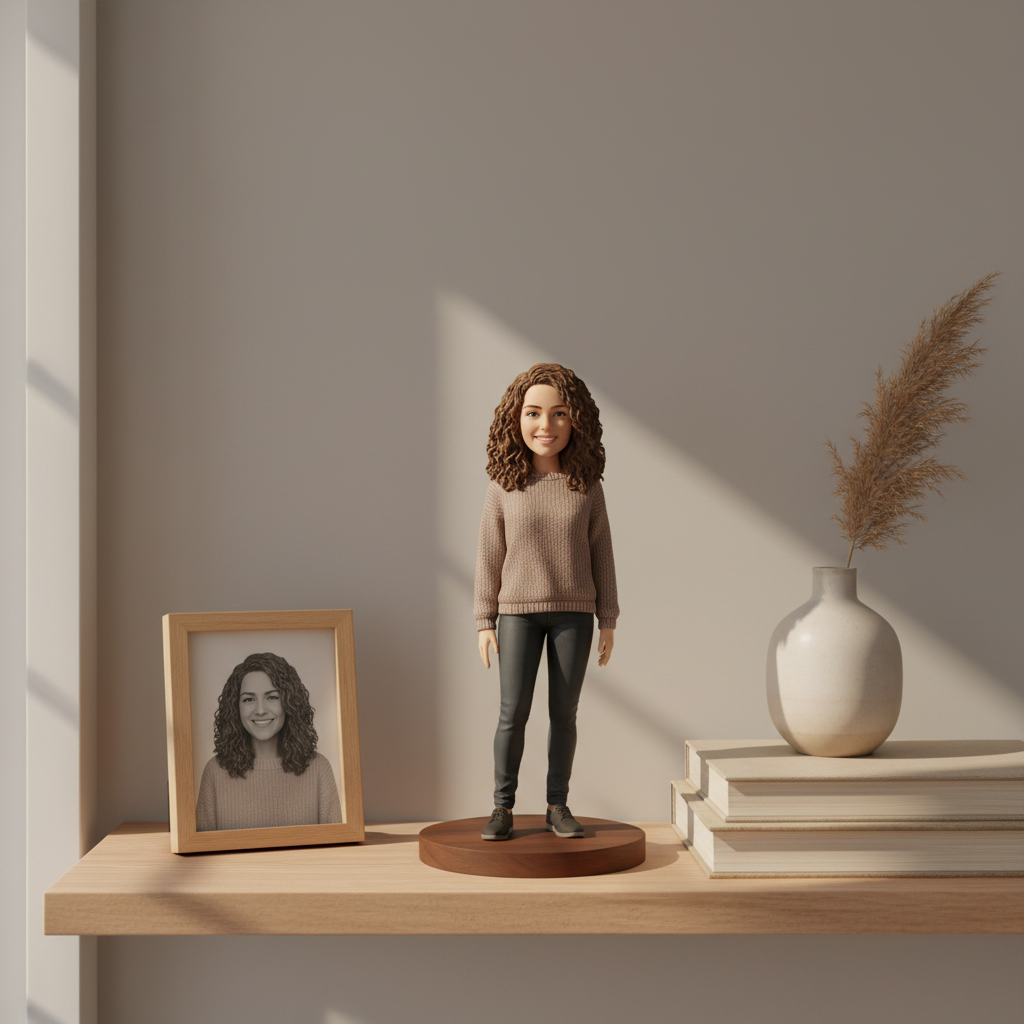 Custom 3D figurine displayed beside a portrait in a home setting