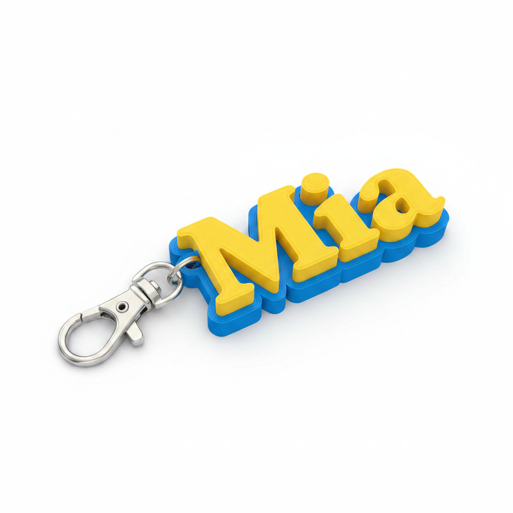 Colorful layered 3D-printed personalized name keychain with metal clip on a white background
