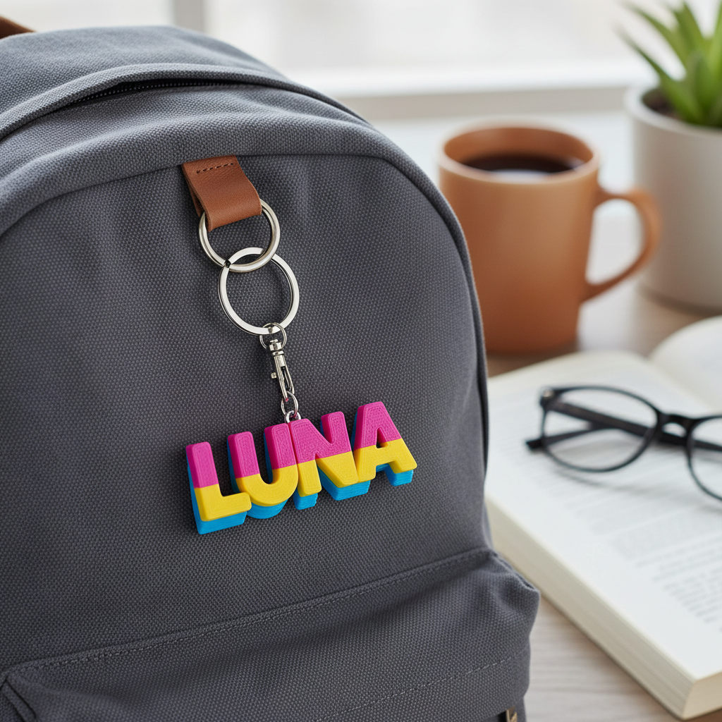 Personalized 3D-printed name keychain attached to a plain backpack