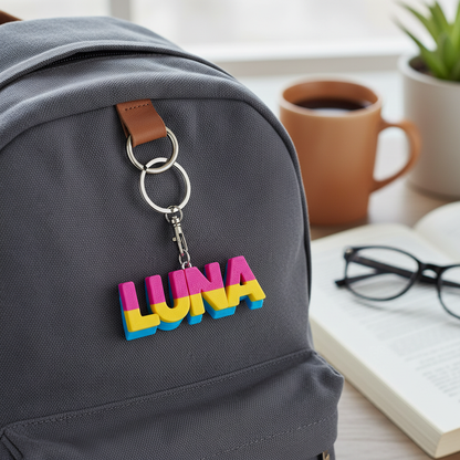 Personalized 3D-printed name keychain attached to a plain backpack