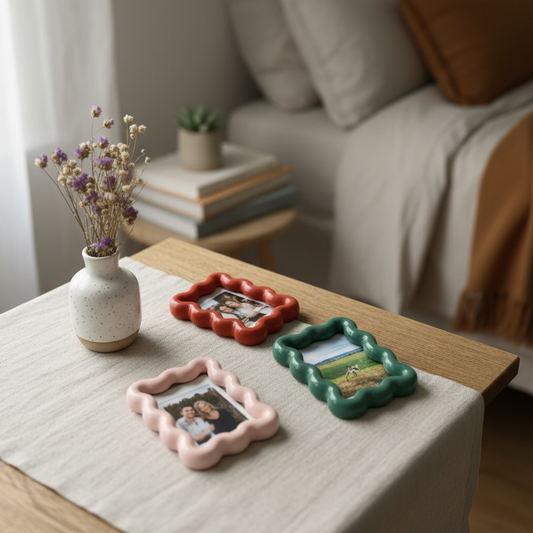Colorful bold wavy magnetic picture frames styled on a bedside table