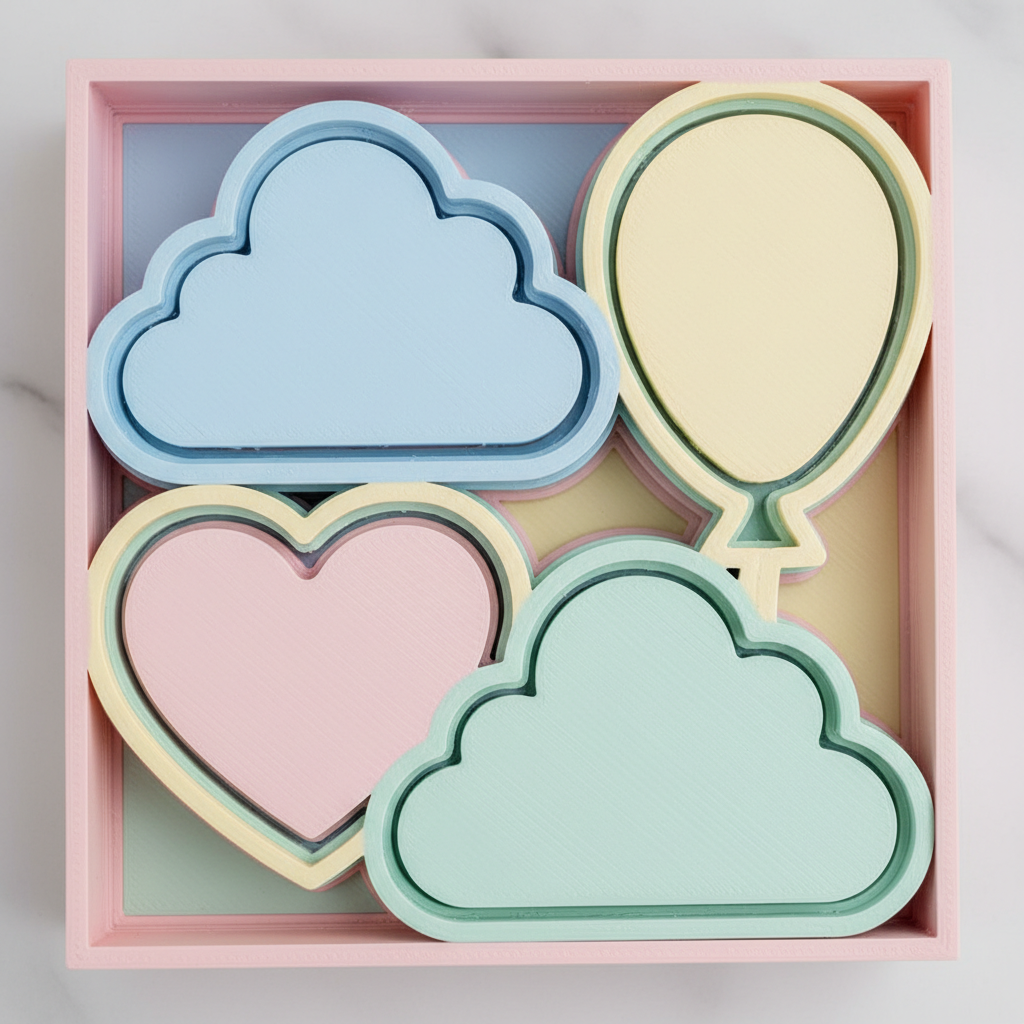 Close-up of layered blank decorative elements on a baby keepsake display