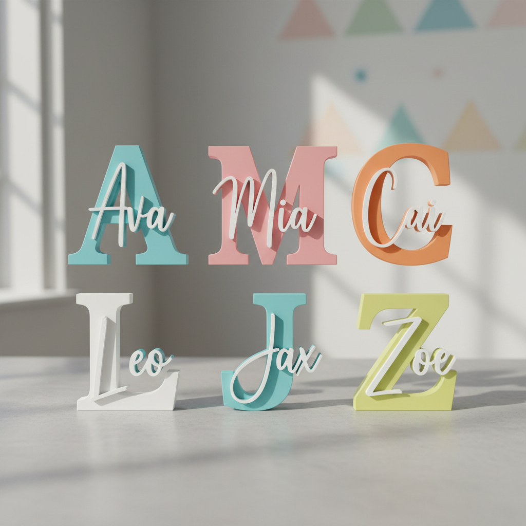 Colorful personalized 3D-printed initial name plaques arranged together