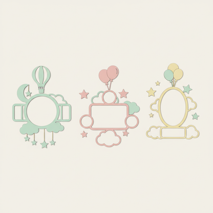 Several pastel welcome-baby keepsake design concepts arranged together