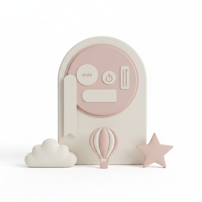 Pastel welcome-baby birth keepsake display with a round detail panel
