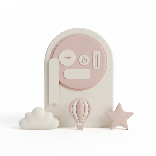 Pastel welcome-baby birth keepsake display with a round detail panel
