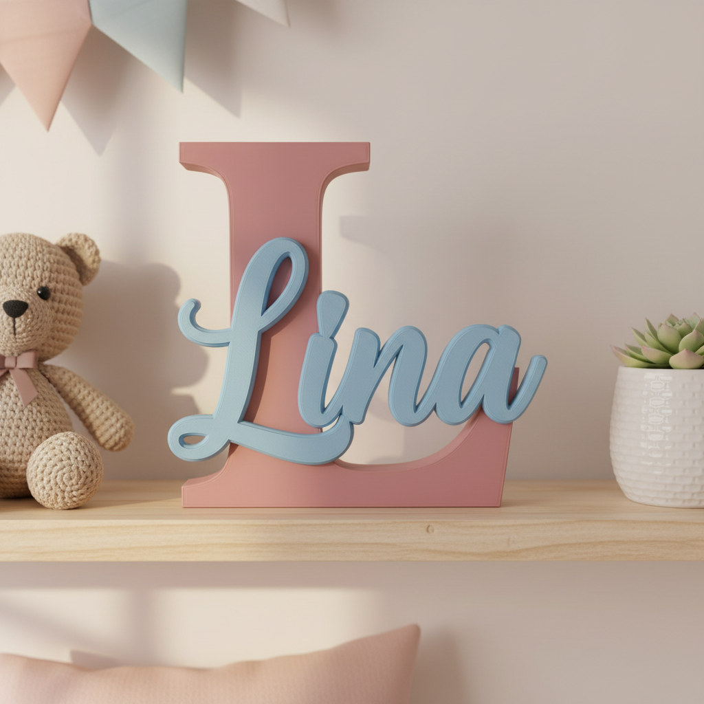 Personalized matte initial name plaque displayed on a nursery shelf