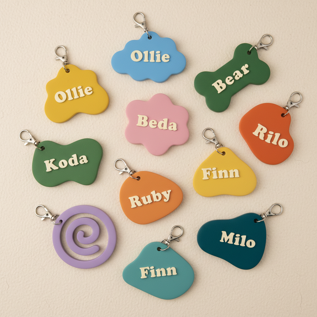 Colorful personalized wavy pet ID tags arranged in a product showcase