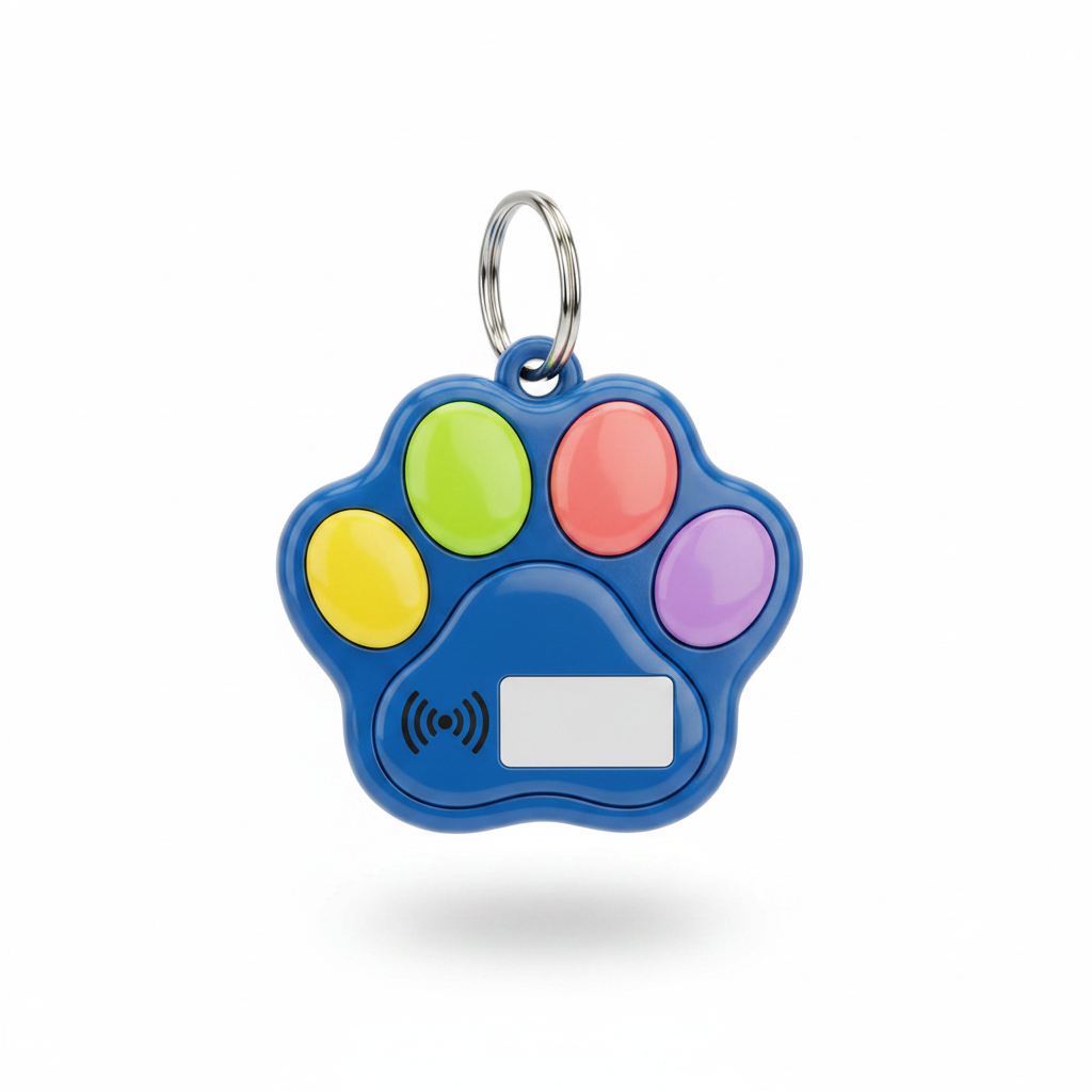 Smartphone tapping a colorful paw-print NFC pet tag near a collar