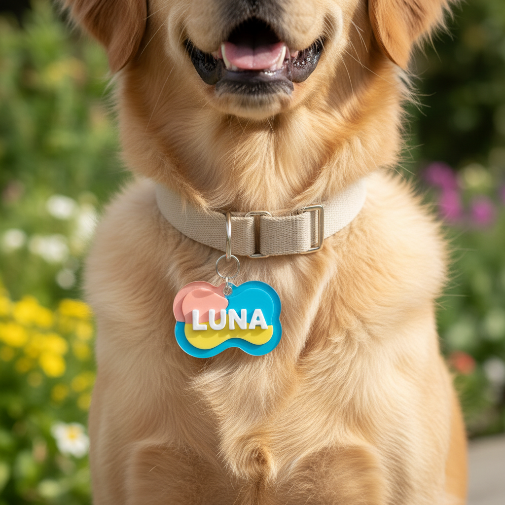 Personalized wavy pet ID tag attached to a dog collar outdoors