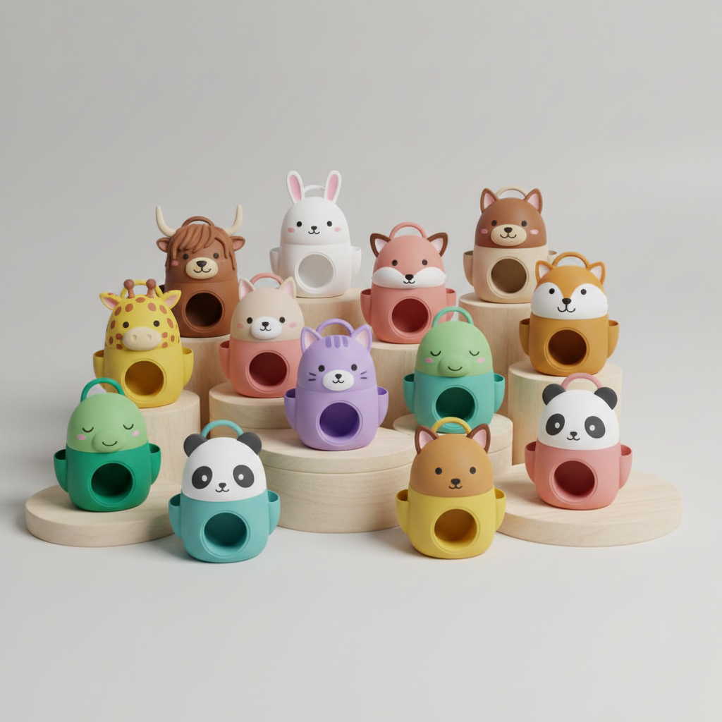 Colorful animal-themed 3D-printed holders arranged together