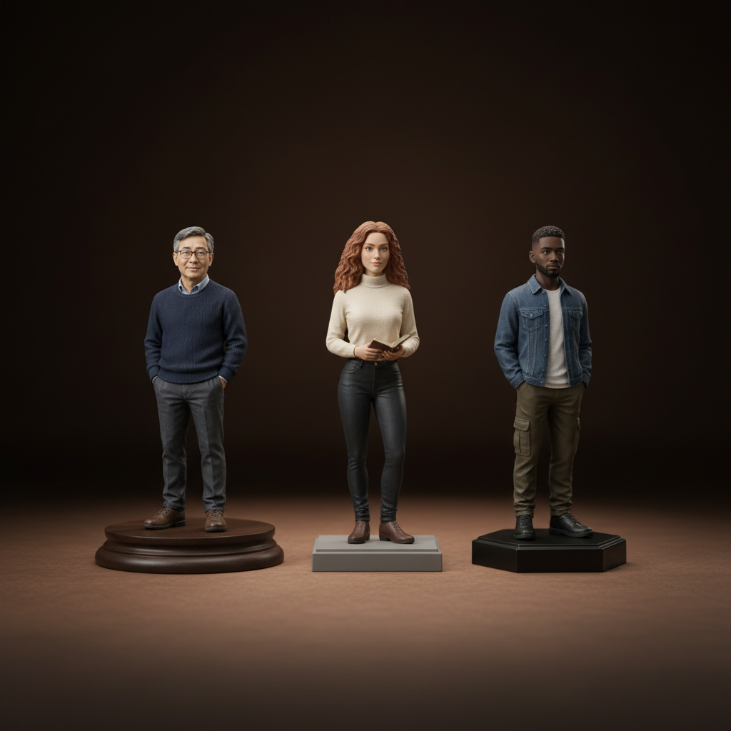 Three custom 3D figurines on display bases in a premium studio setting