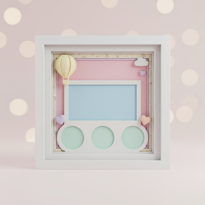 Layered pastel baby birth announcement frame design shown in a studio preview