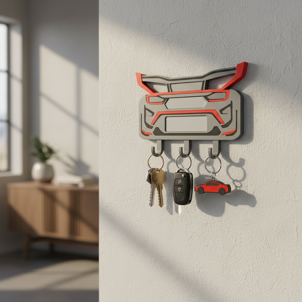Unbranded sports-car-inspired wall key holder with keys in a home entryway
