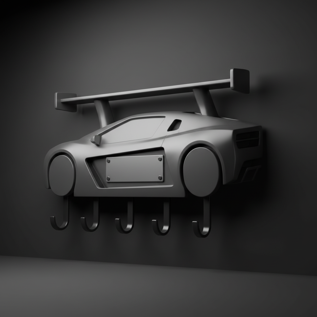 Generic sports-car-inspired wall key rack with a blank name plate in a dark studio setting