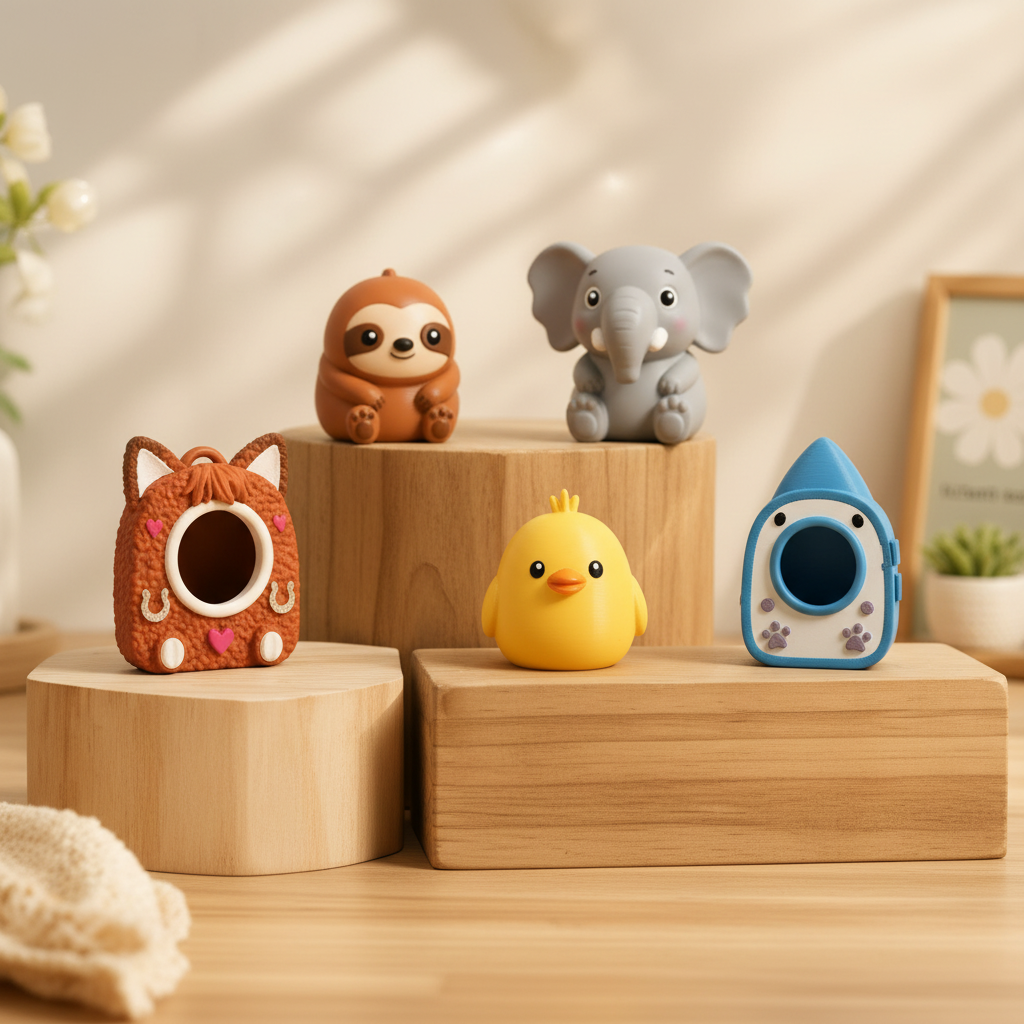 Collection of colorful animal-themed 3D-printed holders in a studio setting