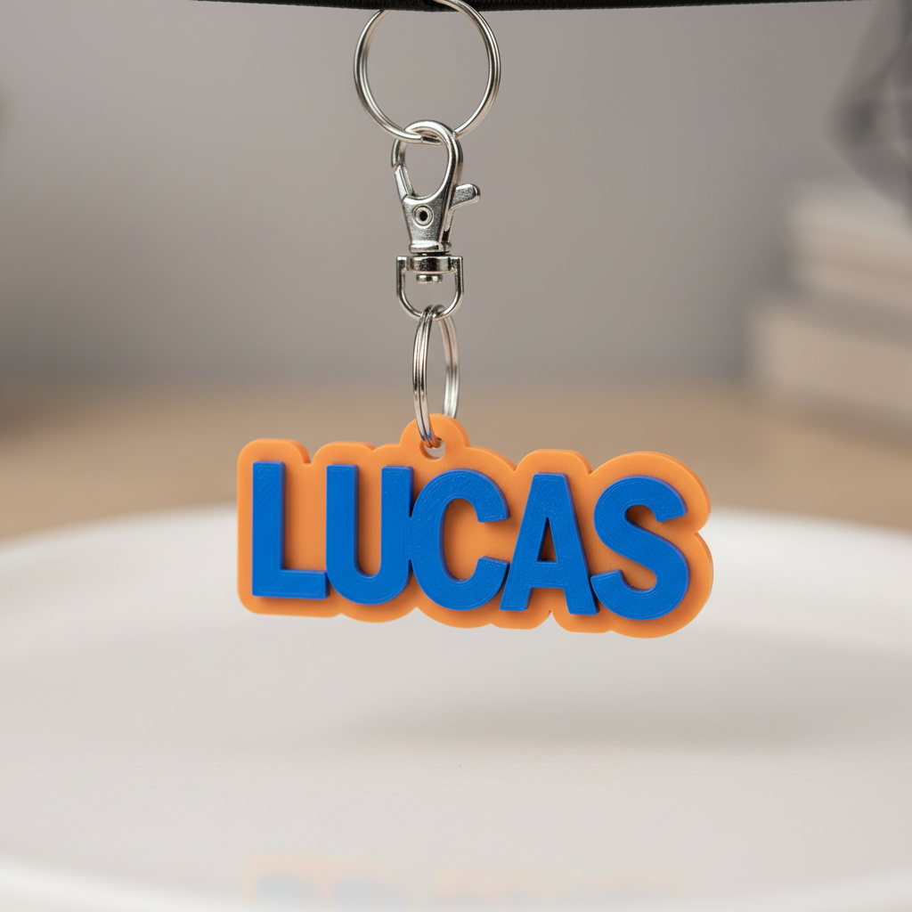 Close-up of a personalized 3D-printed name keychain and metal hardware