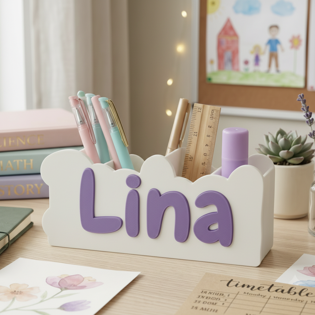 Personalized 3D-printed desk organizer arranged on a study desk