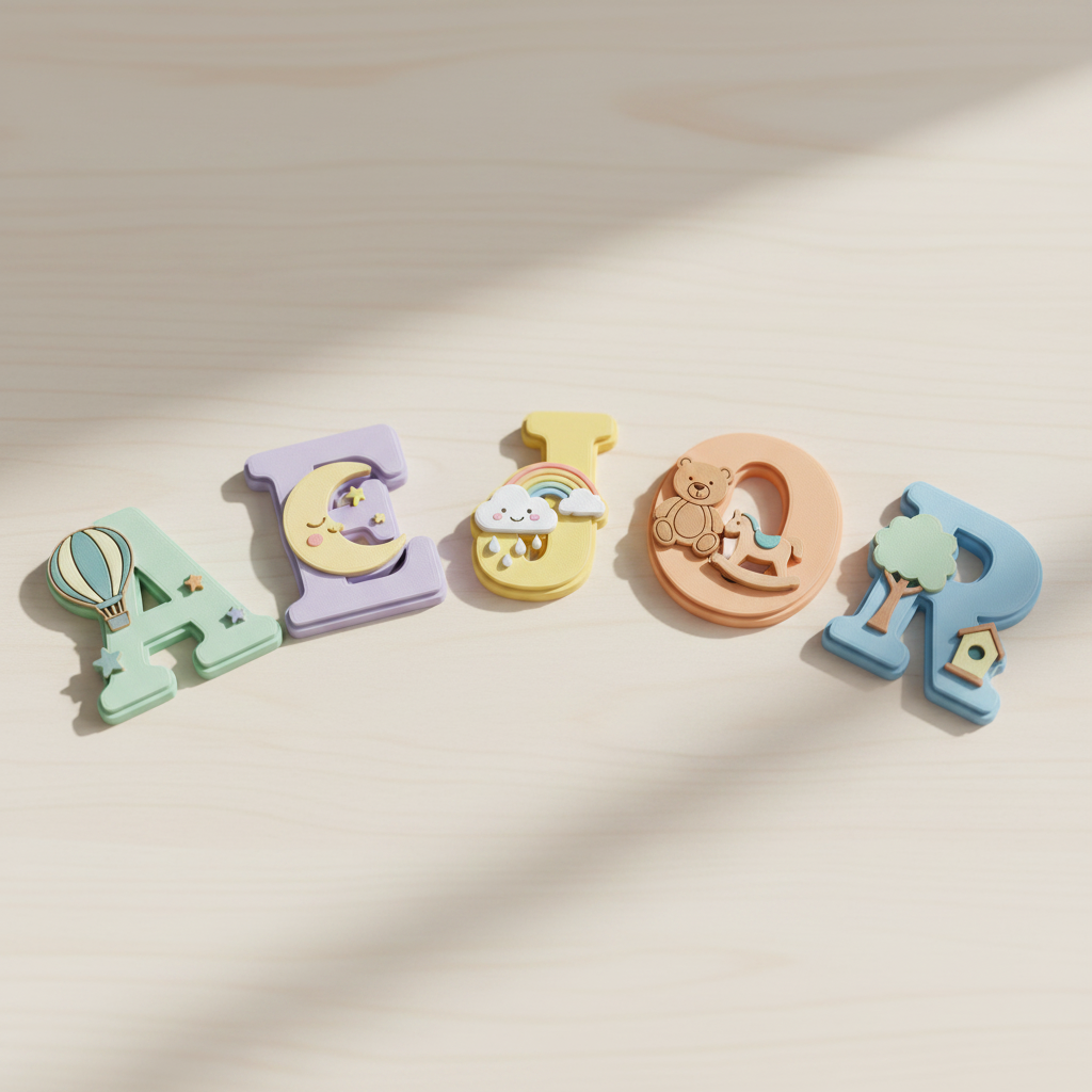 Several colorful personalized nursery name sign STL concepts arranged together