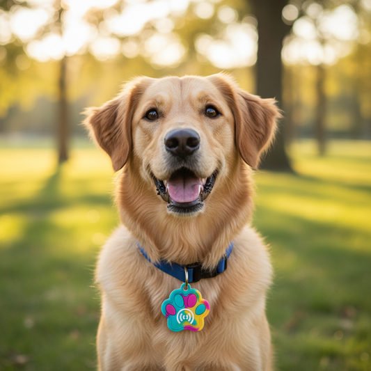 Several colorful paw-print NFC pet tags arranged in a premium studio setting