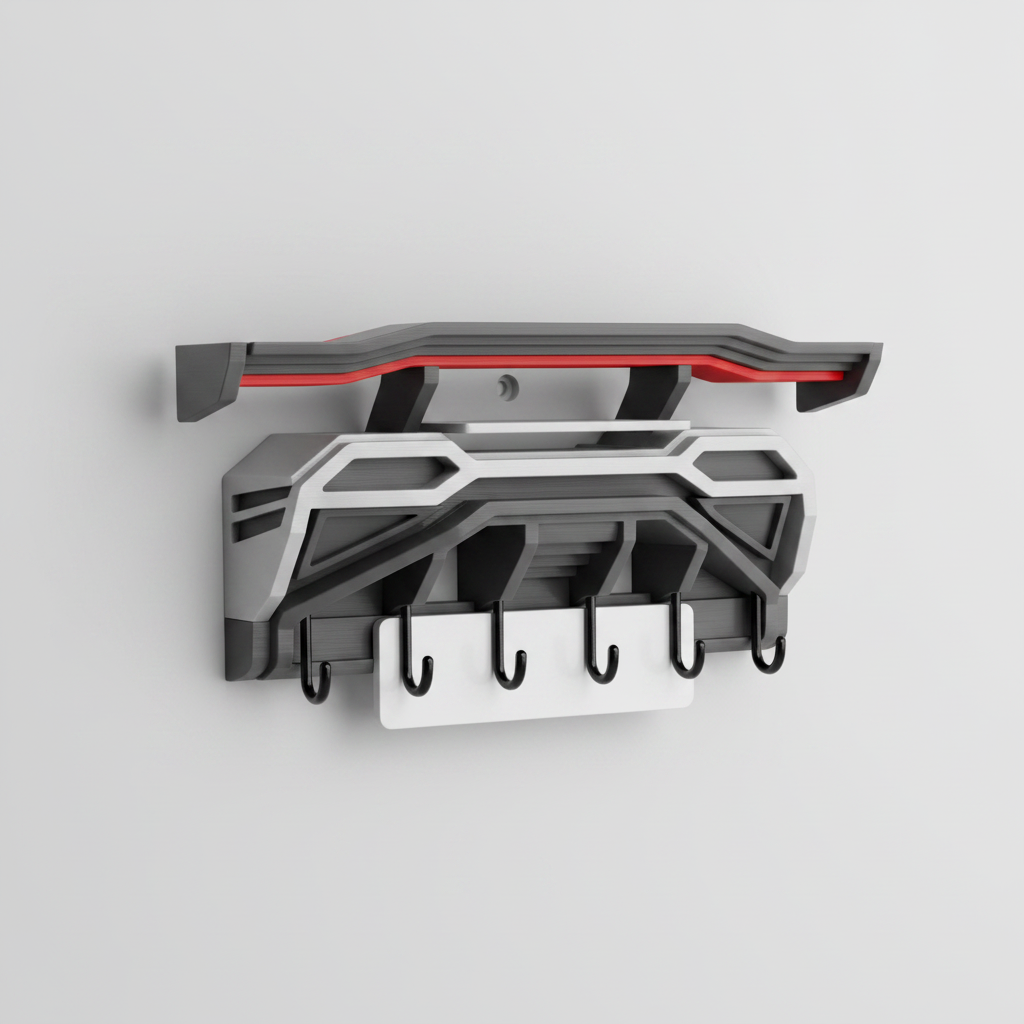 Close-up of the layered printed surfaces and hooks on an unbranded wall key rack