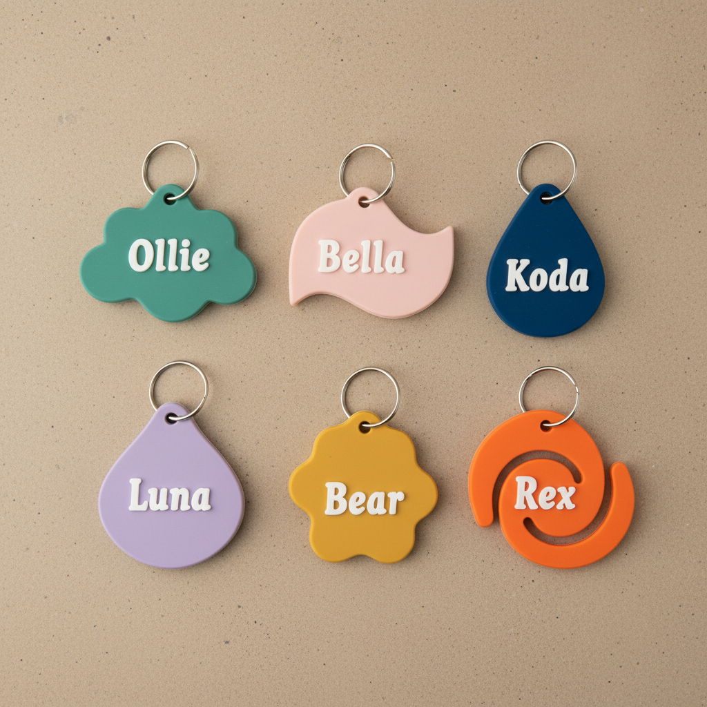 Several colorful personalized wavy pet tags arranged in a studio setting