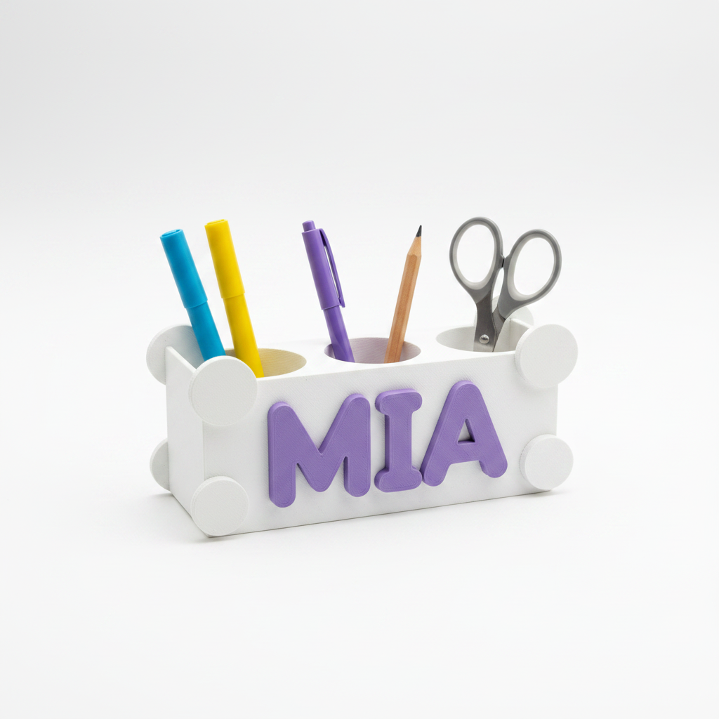 Personalized white 3D-printed desk organizer with colorful stationery