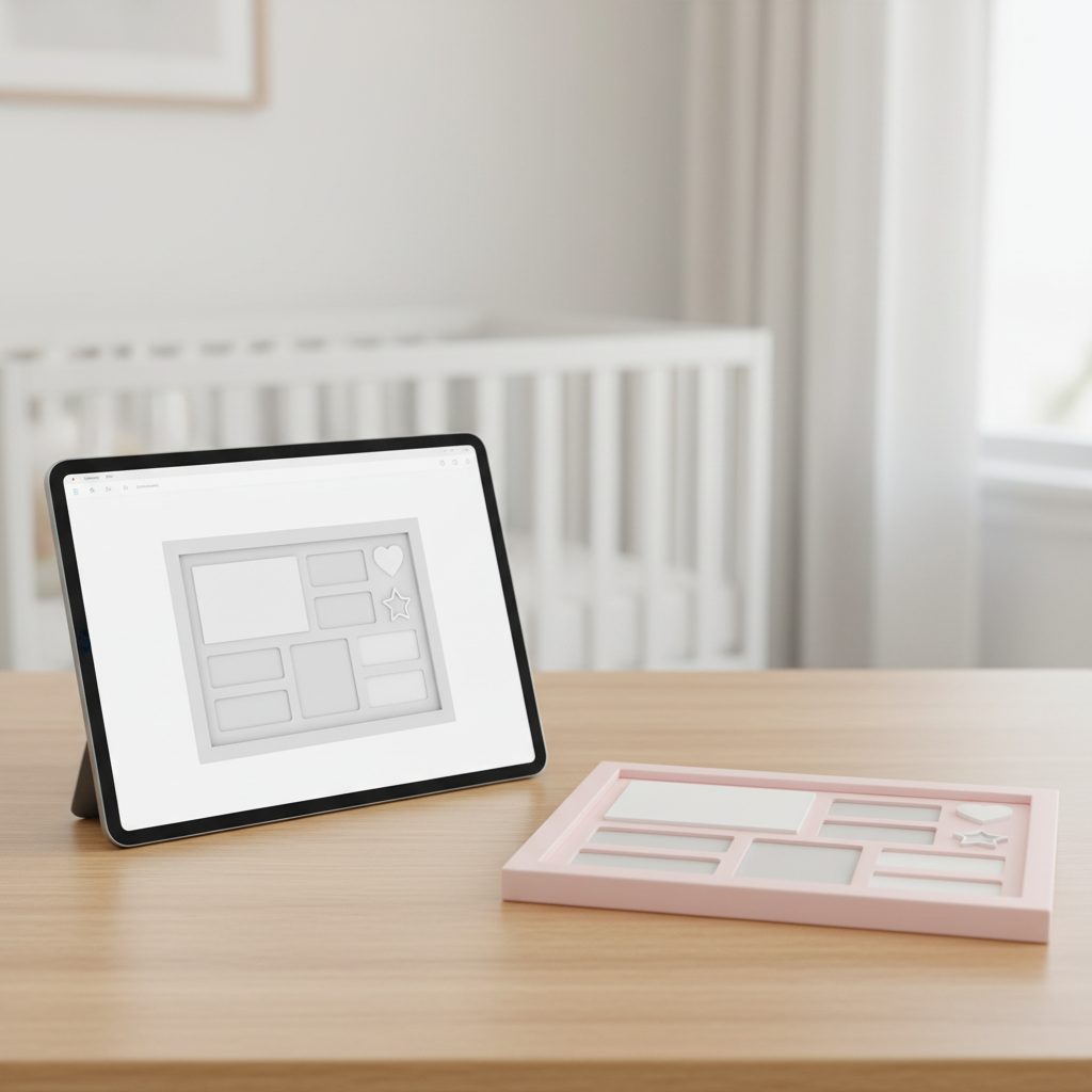 Tablet showing a generic digital model beside a sample baby birth frame design