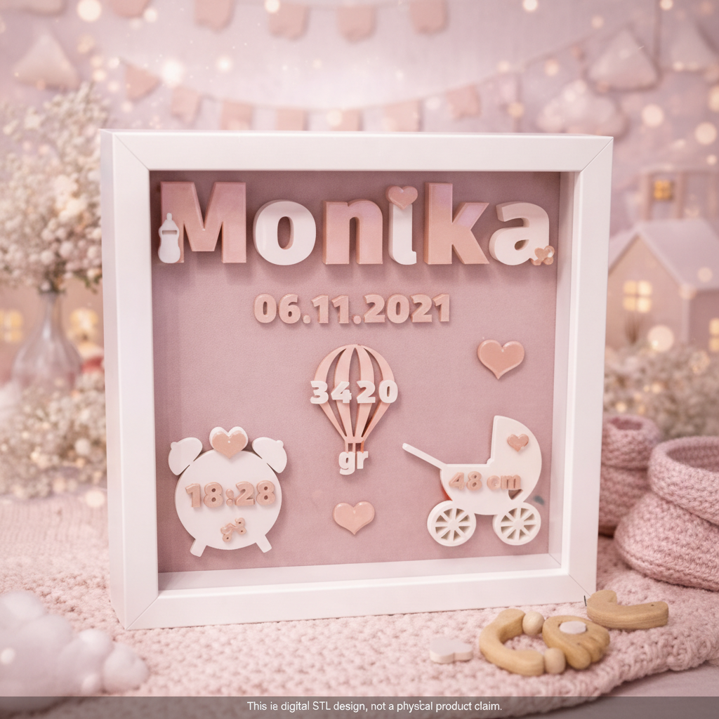 Pink baby birth announcement frame digital STL preview with the sample name Monika and birth details