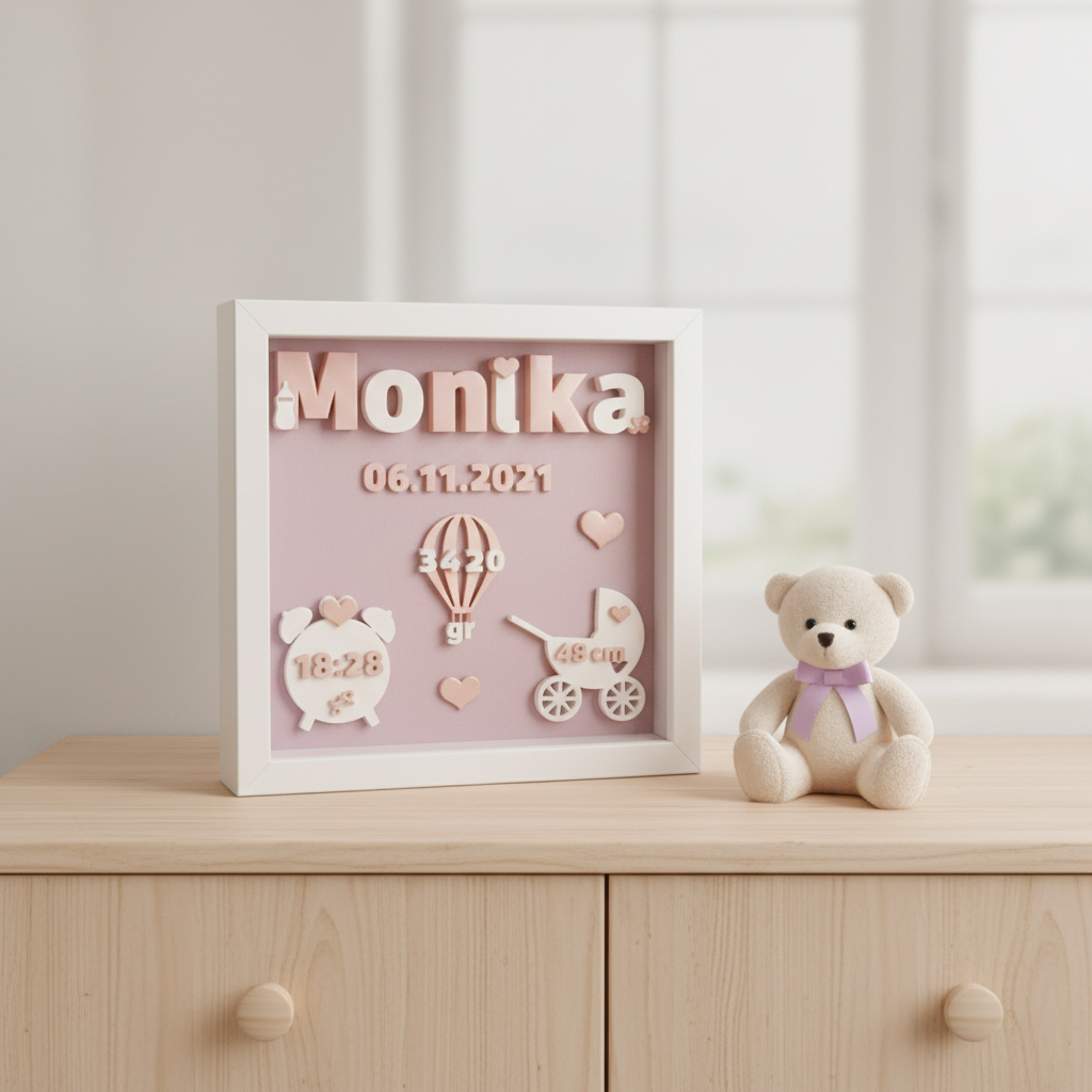 Lavender and cream baby birth announcement frame digital STL preview with the sample name Monika in a nursery setting