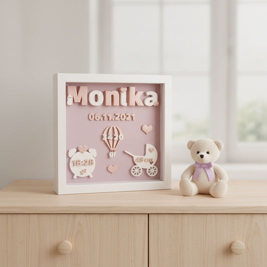 Lavender and cream baby birth announcement frame digital STL preview with the sample name Monika in a nursery setting