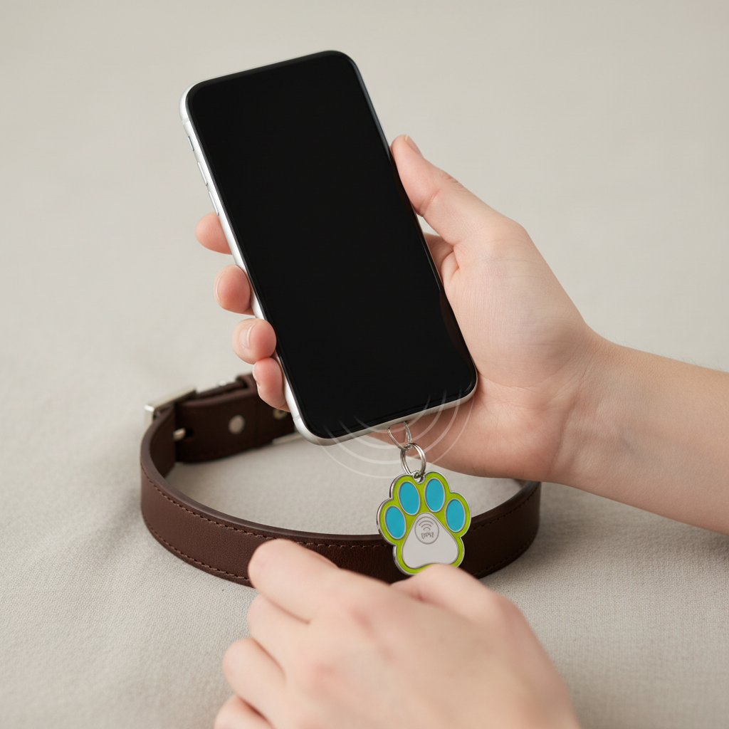 Close-up of the contactless symbol and attachment ring on a paw-print NFC tag