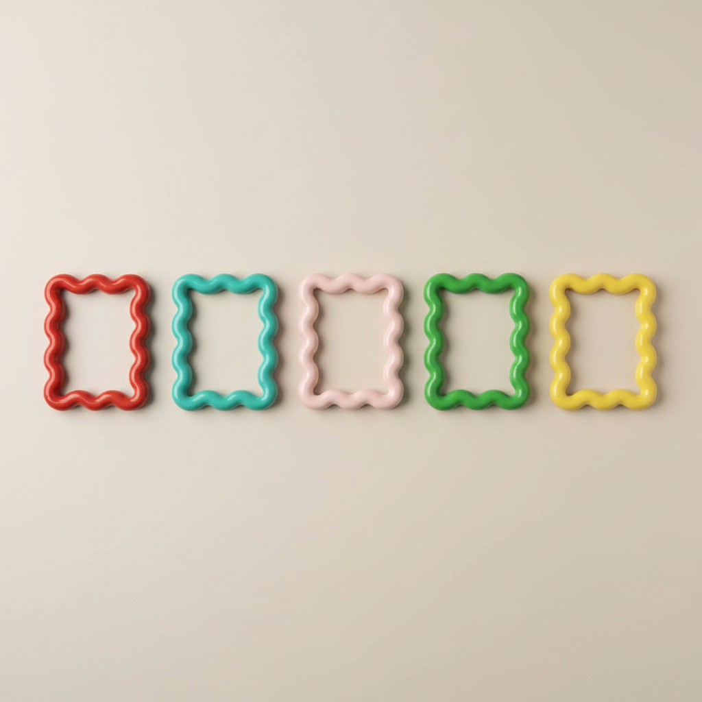 Five bold wavy magnetic picture frames in red, turquoise, pink, green, and yellow