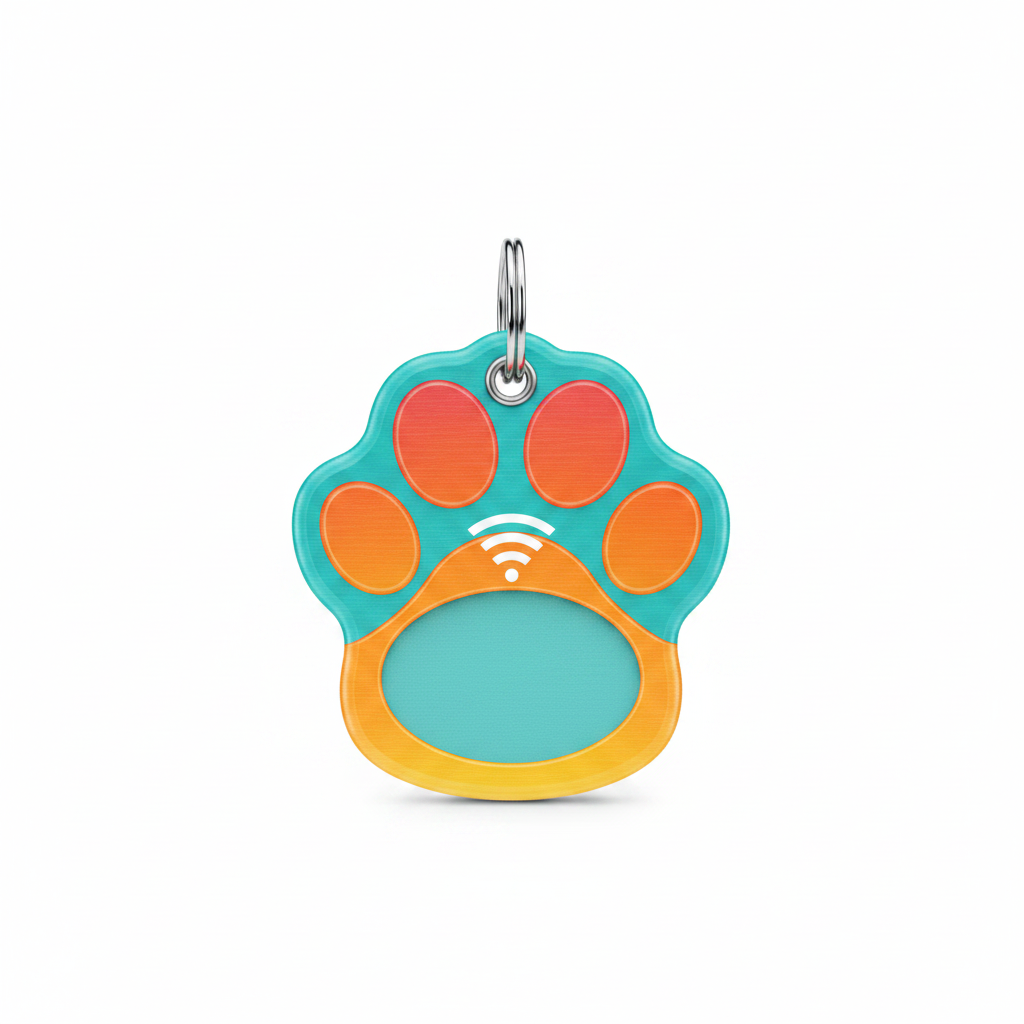 Colorful paw-print NFC pet ID tag with metal ring on a white background